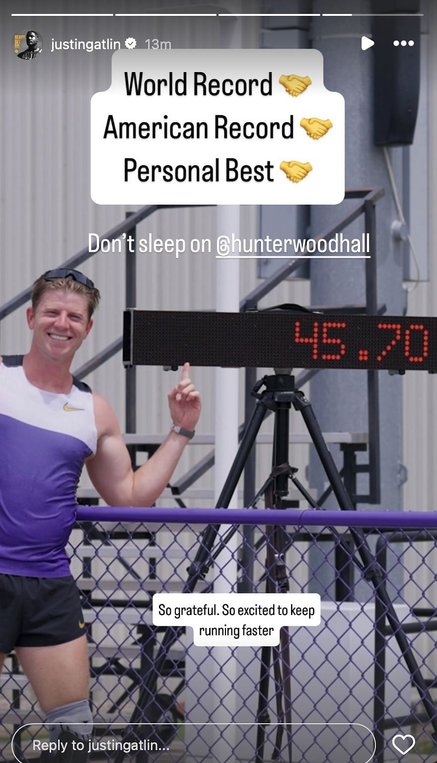 Justin Gatlin reacts to Hunter Woodhall's World record | Instagram@justingatlin